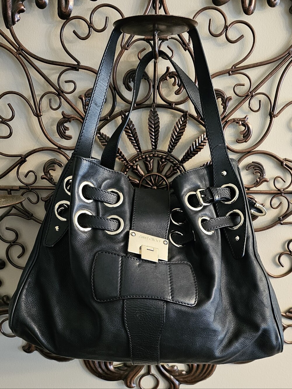 Jimmy Choo Black Leather Grommet-Trim Shoulder Bag with Gold Hardware